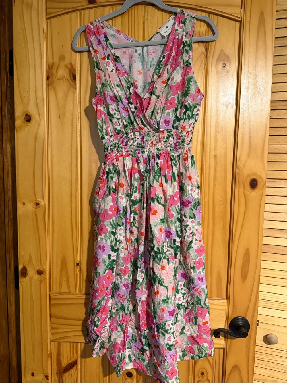 Pink Floral Sleeveless Midi Dress with Smocked Waist